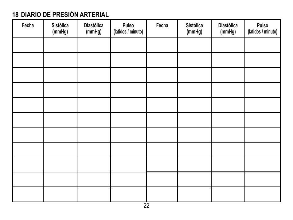 18 diario de presión arterial | Lumiscope 1133 User Manual | Page 46 / 48