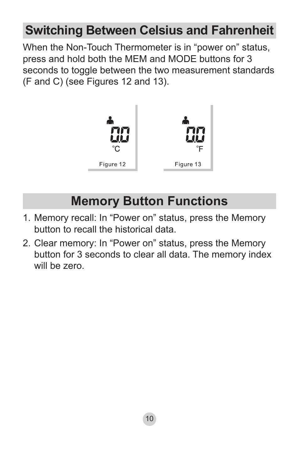 Switching between celsius and fahrenheit, Memory button functions | Lumiscope 2220 User Manual | Page 10 / 36