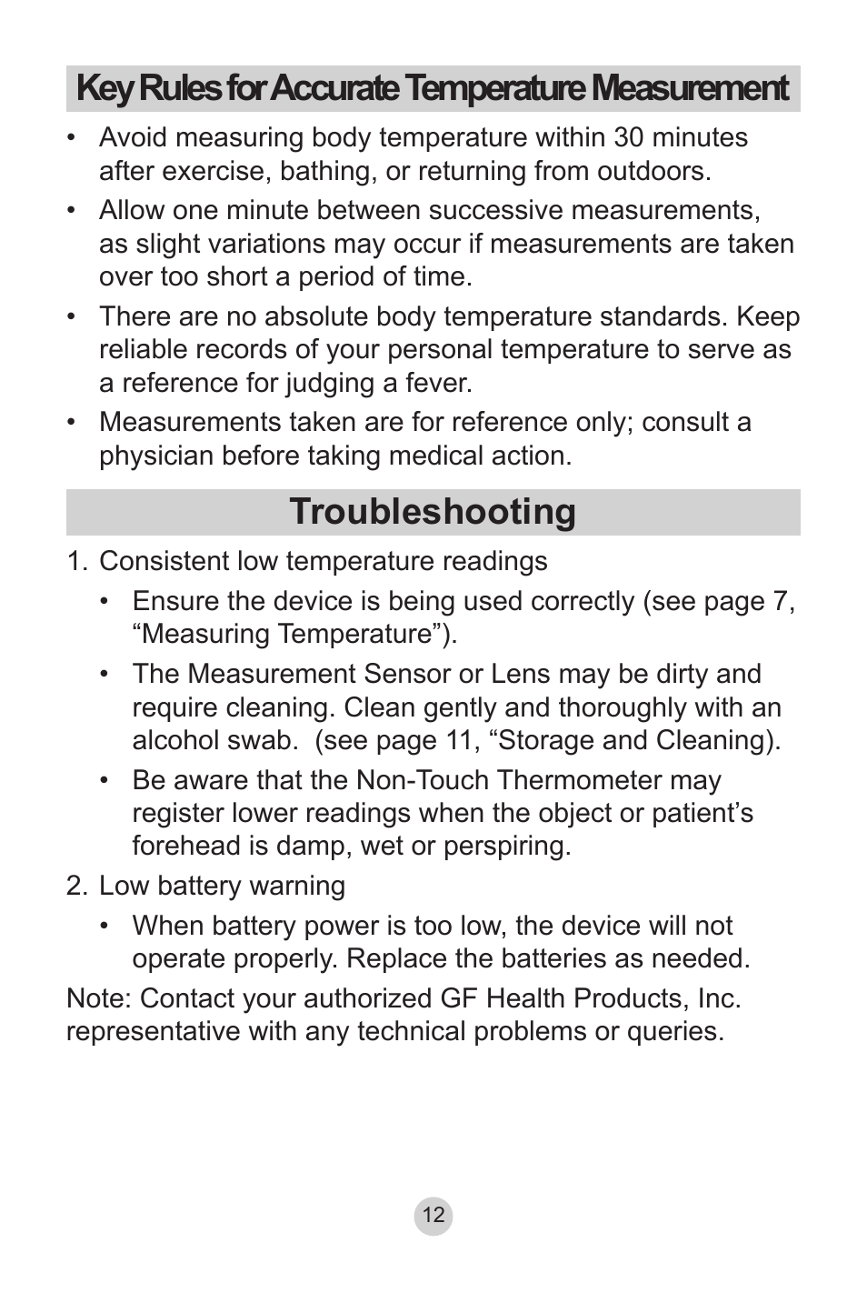 Key rules for accurate temperature measurement, Troubleshooting | Lumiscope 2220 User Manual | Page 12 / 36