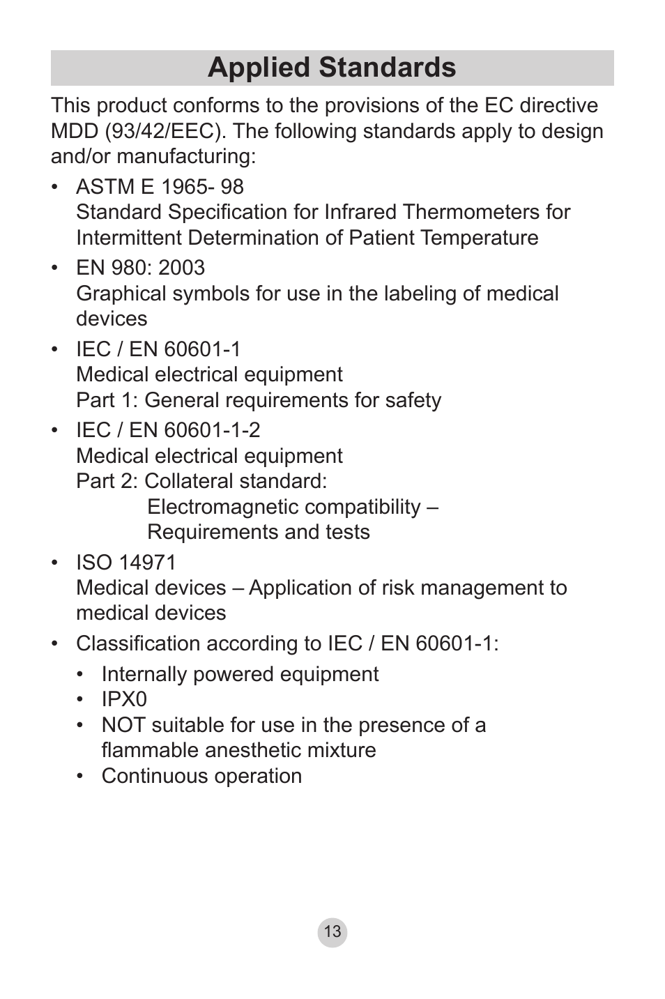 Applied standards | Lumiscope 2220 User Manual | Page 13 / 36