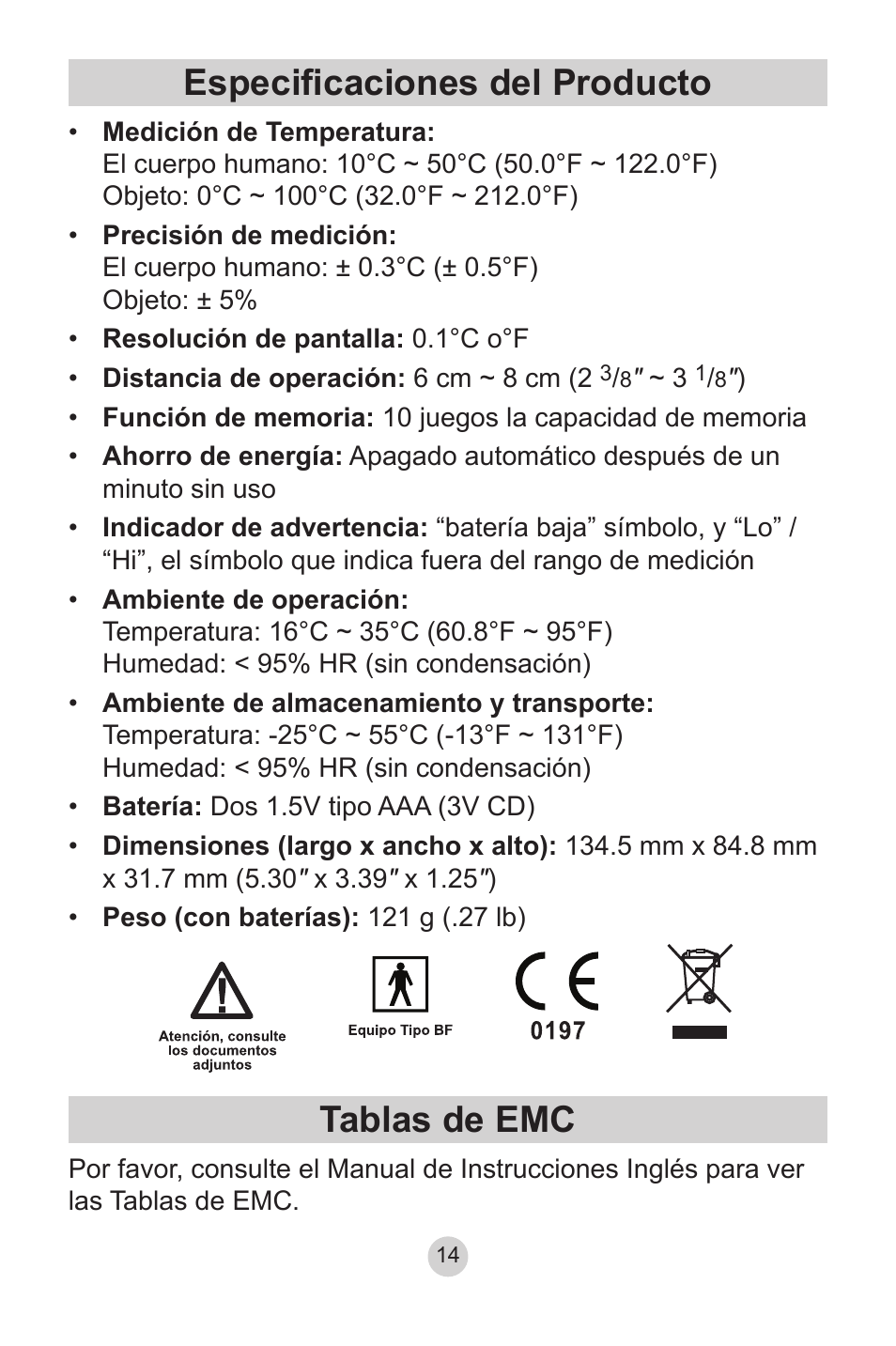 Especificaciones del producto, Tablas de emc, Especificaciones del producto tablas de emc | Lumiscope 2220 User Manual | Page 34 / 36