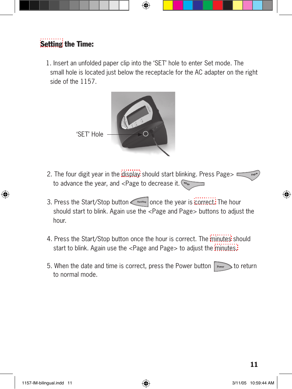 Setting the t ime | Lumiscope 1157 User Manual | Page 11 / 36