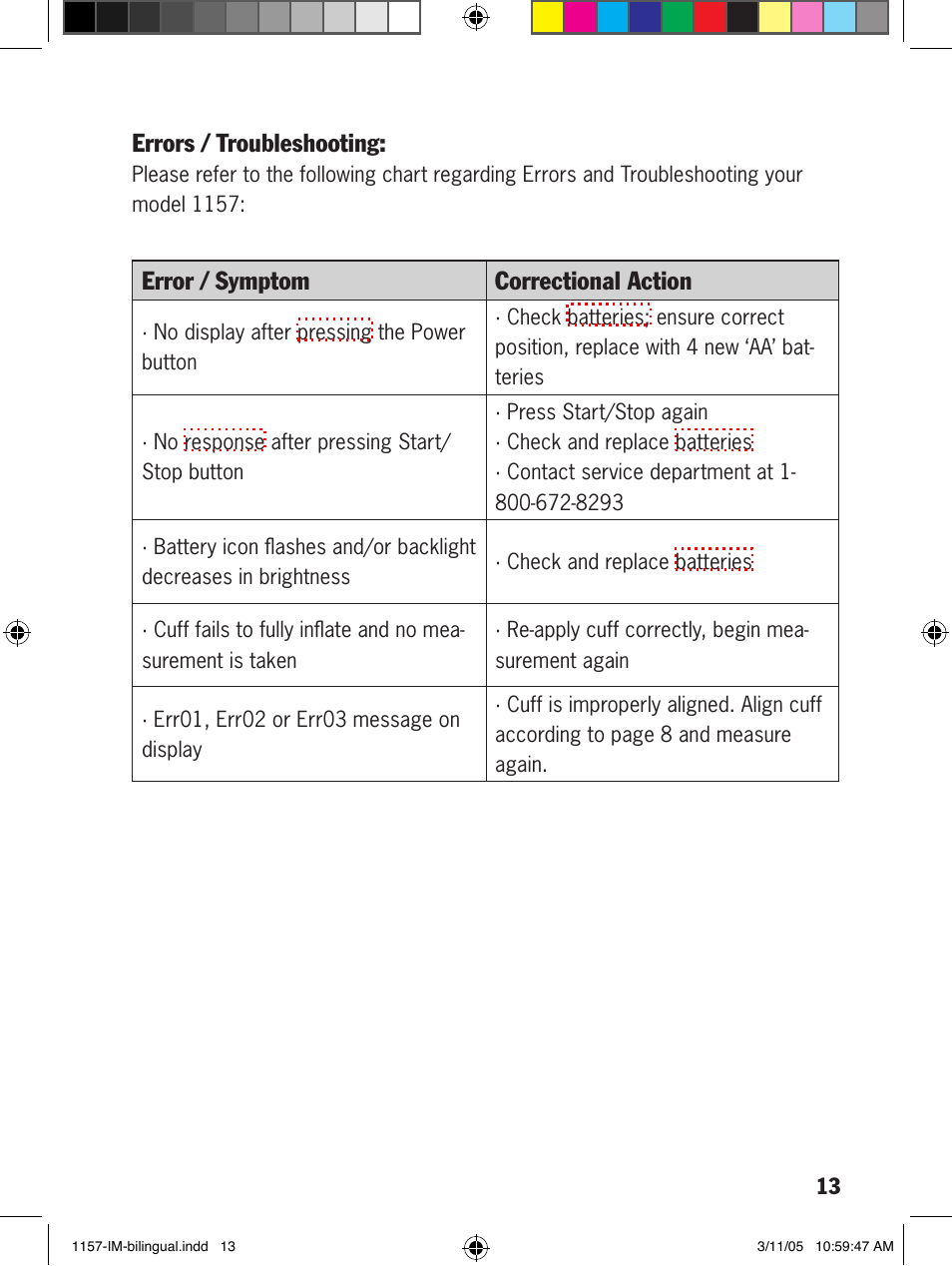 Errors / troubleshooting, Error / symptom correctional action | Lumiscope 1157 User Manual | Page 13 / 36