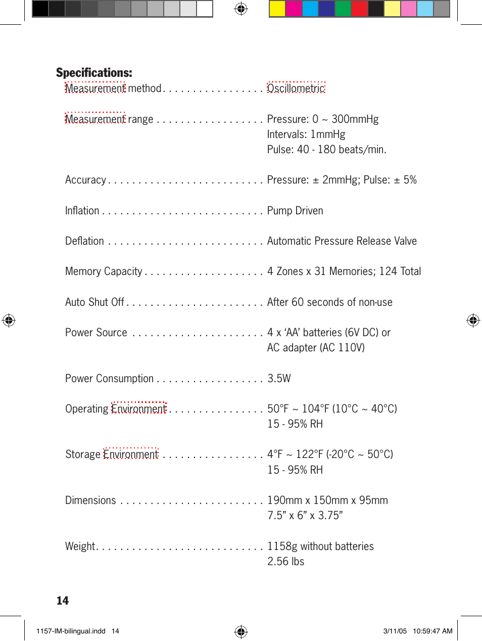 Speciﬁcations | Lumiscope 1157 User Manual | Page 14 / 36