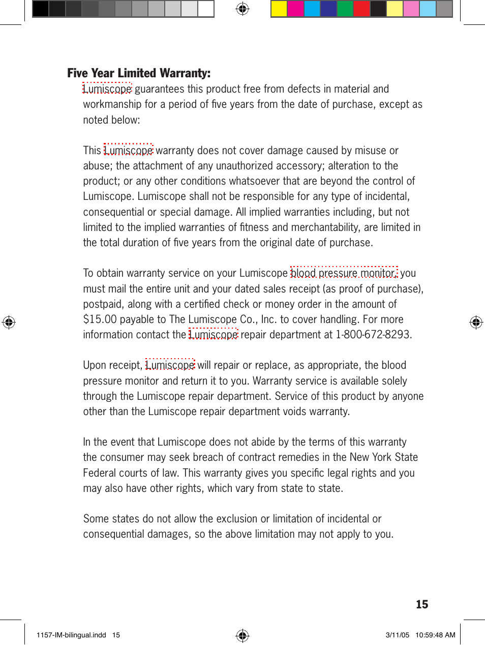 Five year limited warranty | Lumiscope 1157 User Manual | Page 15 / 36