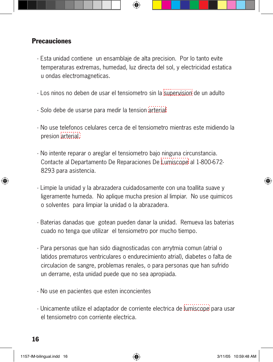 Precauciones | Lumiscope 1157 User Manual | Page 16 / 36