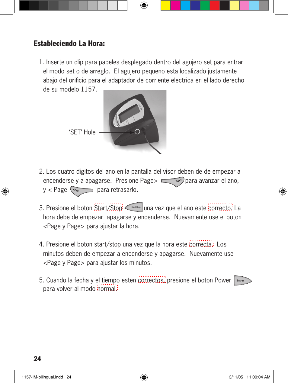 Estableciendo la hora | Lumiscope 1157 User Manual | Page 24 / 36