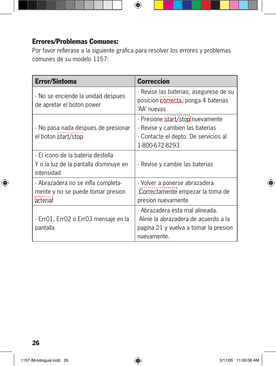 Errores/problemas comunes, Error/sintoma correccion | Lumiscope 1157 User Manual | Page 26 / 36