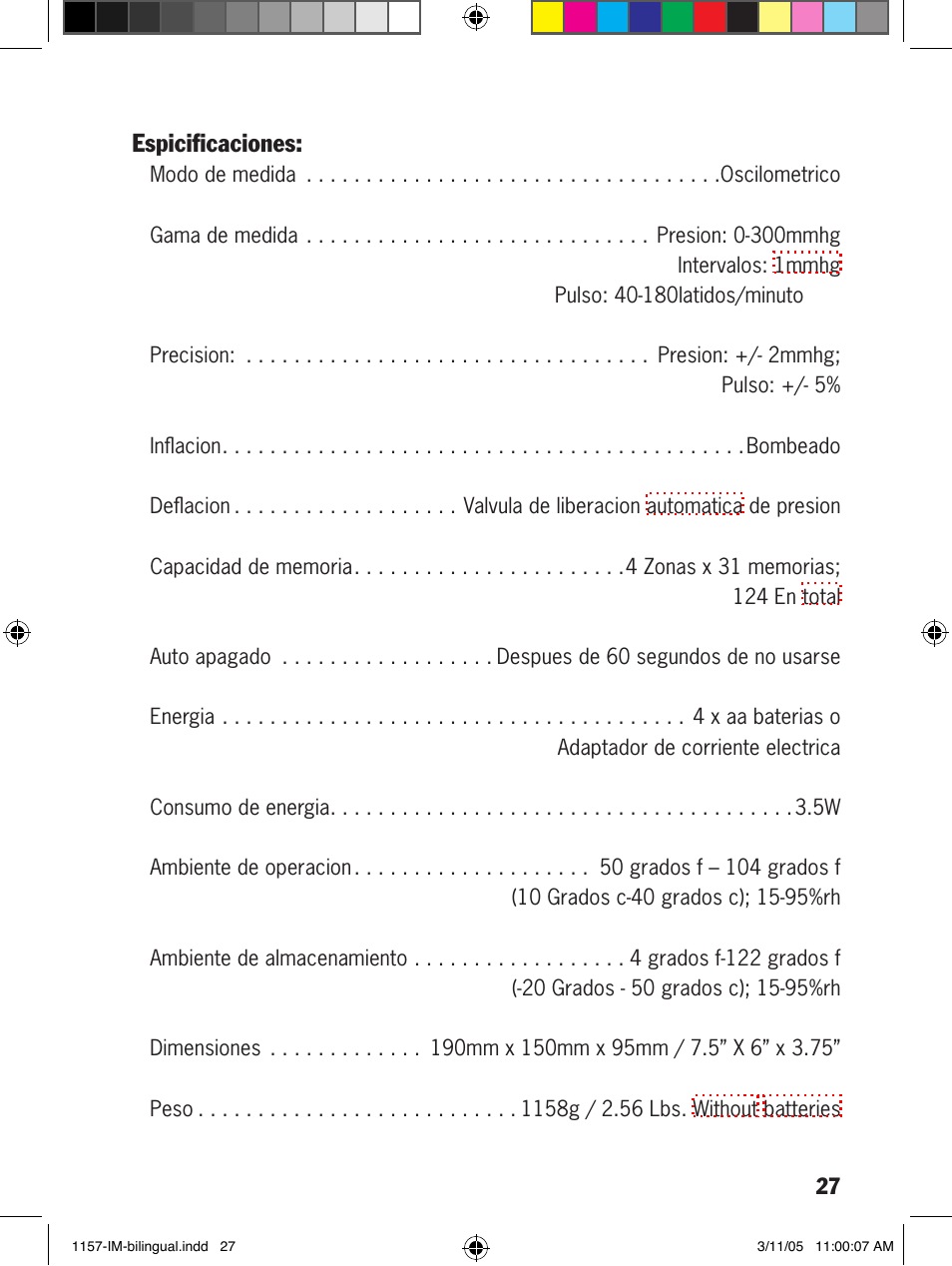 Espiciﬁcaciones | Lumiscope 1157 User Manual | Page 27 / 36