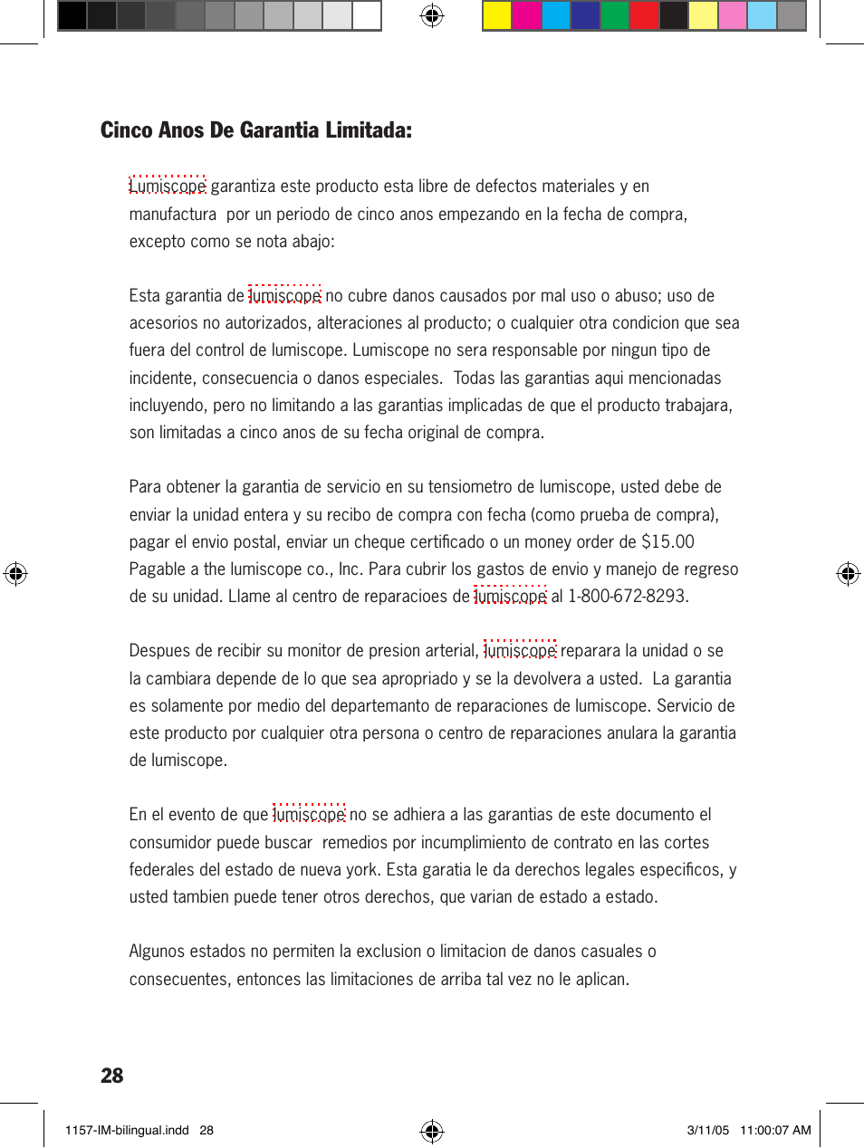 Cinco anos de garantia limitada | Lumiscope 1157 User Manual | Page 28 / 36