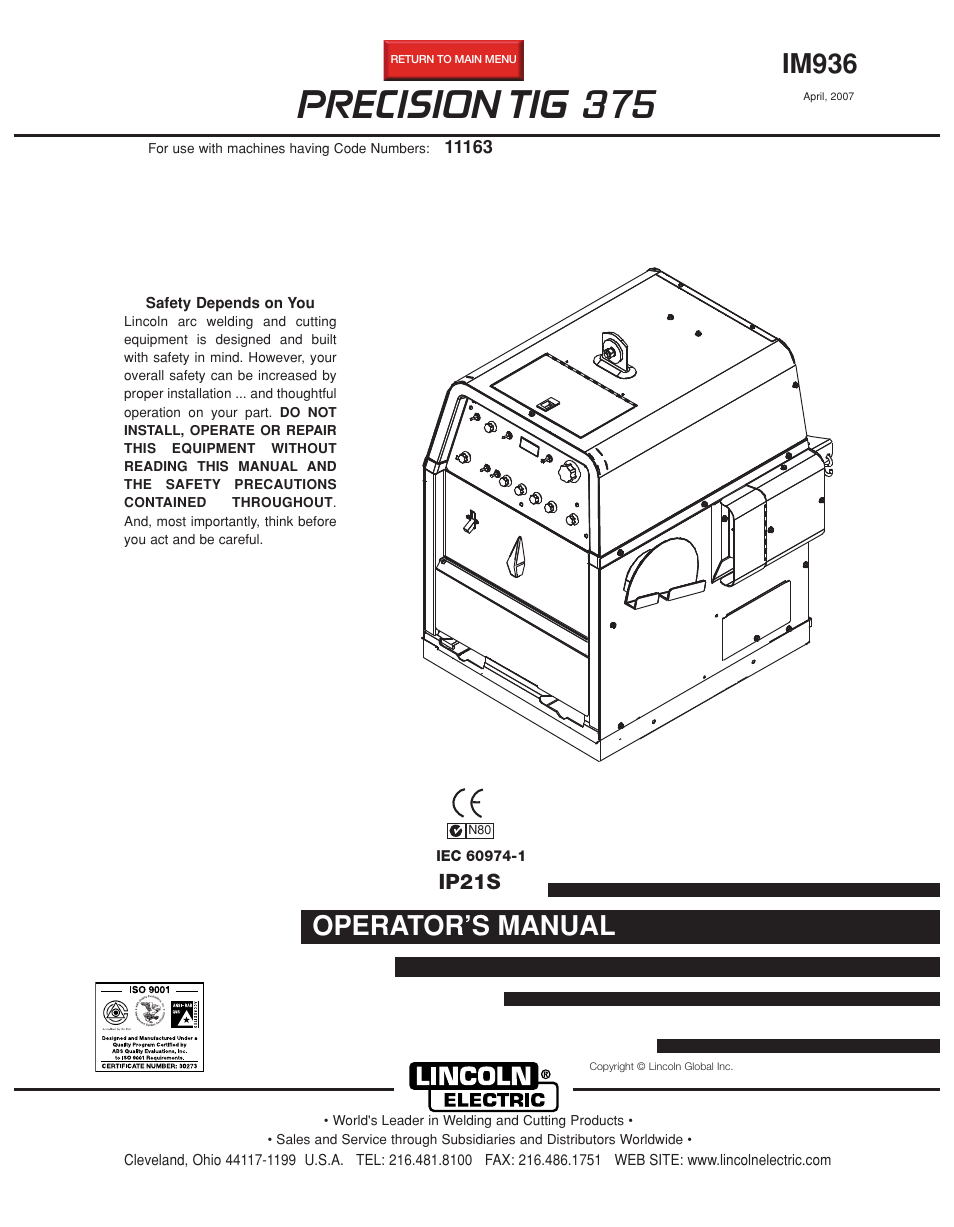 Lincoln Electric PRECISION TIG IM936 User Manual | 44 pages