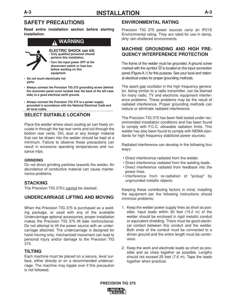 Installation, Safety precautions, Warning | Lincoln Electric PRECISION TIG IM936 User Manual | Page 10 / 44