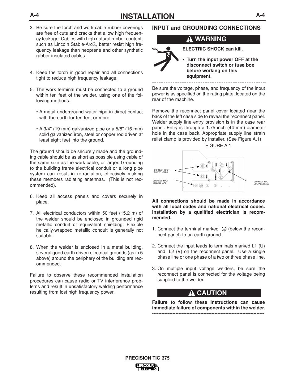 Installation, Warning, Caution | Lincoln Electric PRECISION TIG IM936 User Manual | Page 11 / 44