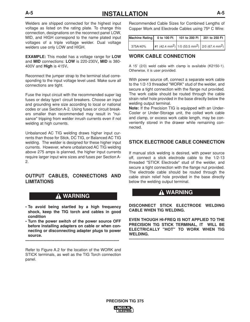 Installation, Warning | Lincoln Electric PRECISION TIG IM936 User Manual | Page 12 / 44