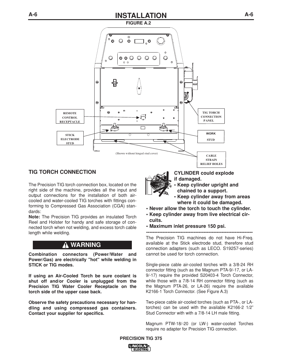 Installation, Warning, A-6 tig torch connection | Lincoln Electric PRECISION TIG IM936 User Manual | Page 13 / 44