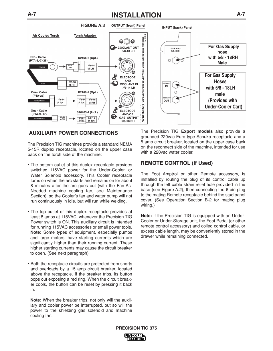 Installation, A-7 auxiliary power connections, Remote control (if used) | For gas supply hose with 5/8 - 18rh male, Precision tig 375 | Lincoln Electric PRECISION TIG IM936 User Manual | Page 14 / 44