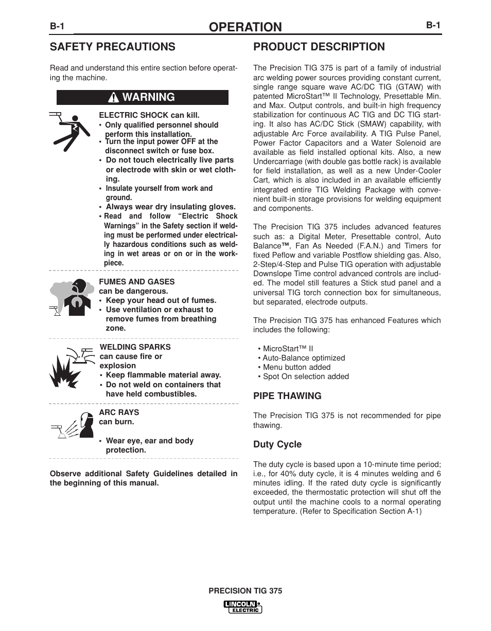 Operation, Product description, Safety precautions | Warning | Lincoln Electric PRECISION TIG IM936 User Manual | Page 16 / 44