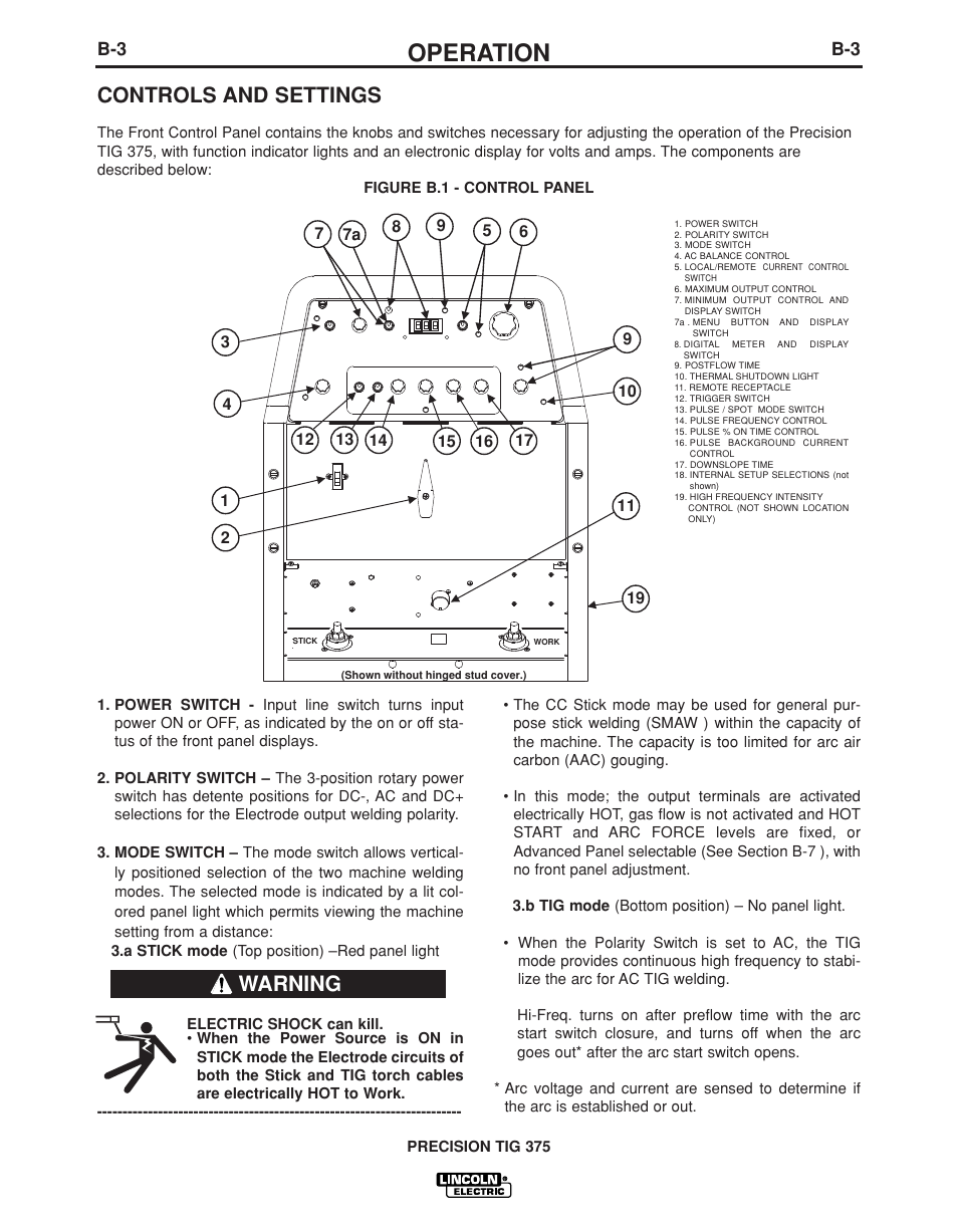 Operation, Controls and settings, Warning | Lincoln Electric PRECISION TIG IM936 User Manual | Page 18 / 44