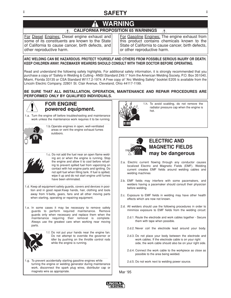 Warning, Safety, For engine powered equipment | Electric and magnetic fields may be dangerous | Lincoln Electric PRECISION TIG IM936 User Manual | Page 2 / 44