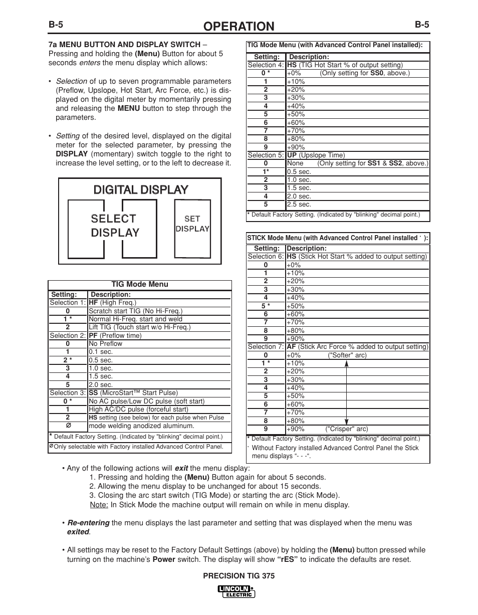 Operation, Digital display, Digital display select select display display | Lincoln Electric PRECISION TIG IM936 User Manual | Page 20 / 44