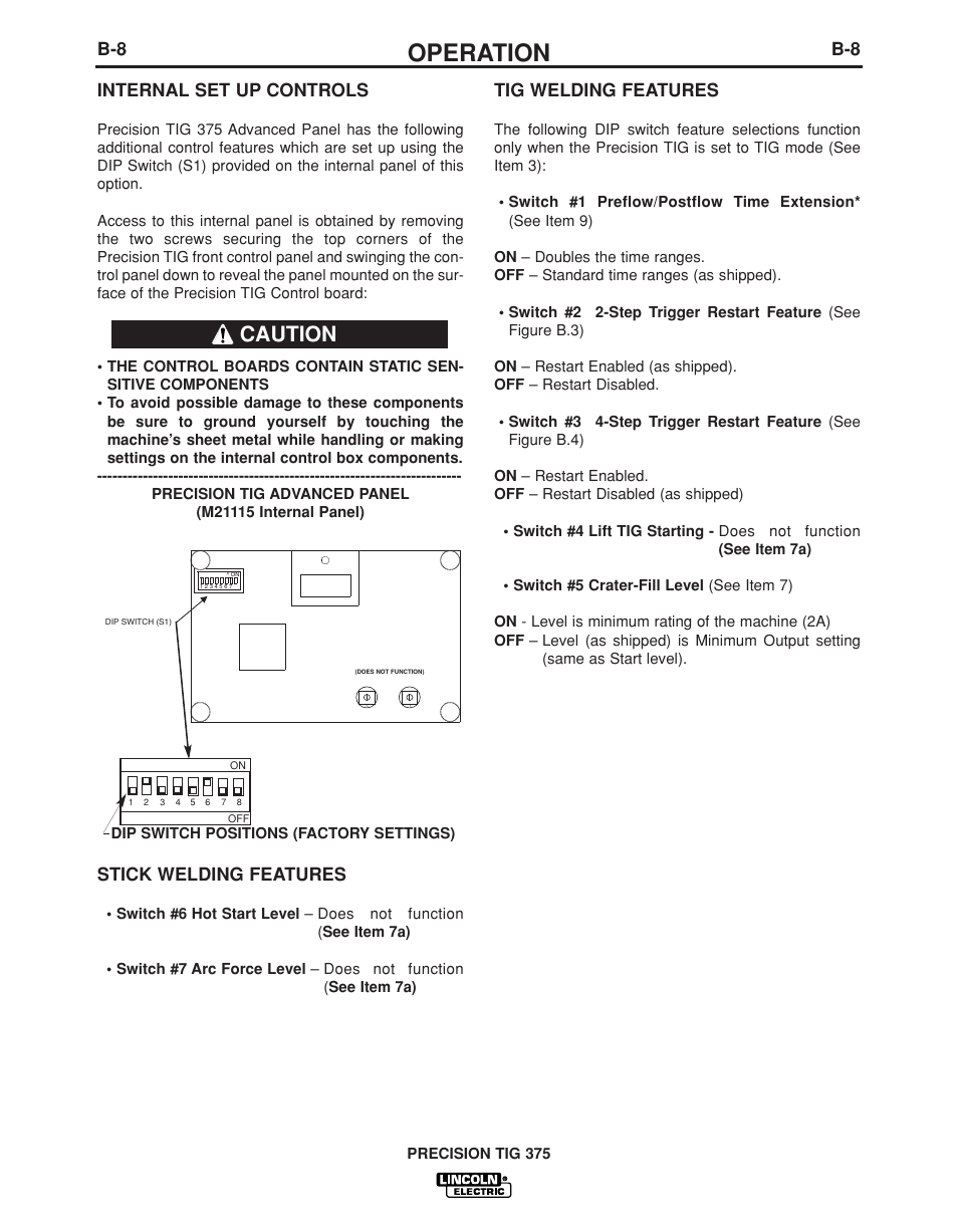 Operation, Caution, B-8 internal set up controls | Stick welding features, Tig welding features | Lincoln Electric PRECISION TIG IM936 User Manual | Page 23 / 44