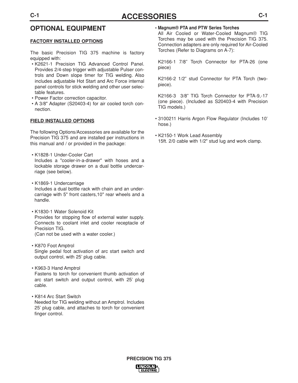 Accessories, Optional equipment | Lincoln Electric PRECISION TIG IM936 User Manual | Page 29 / 44