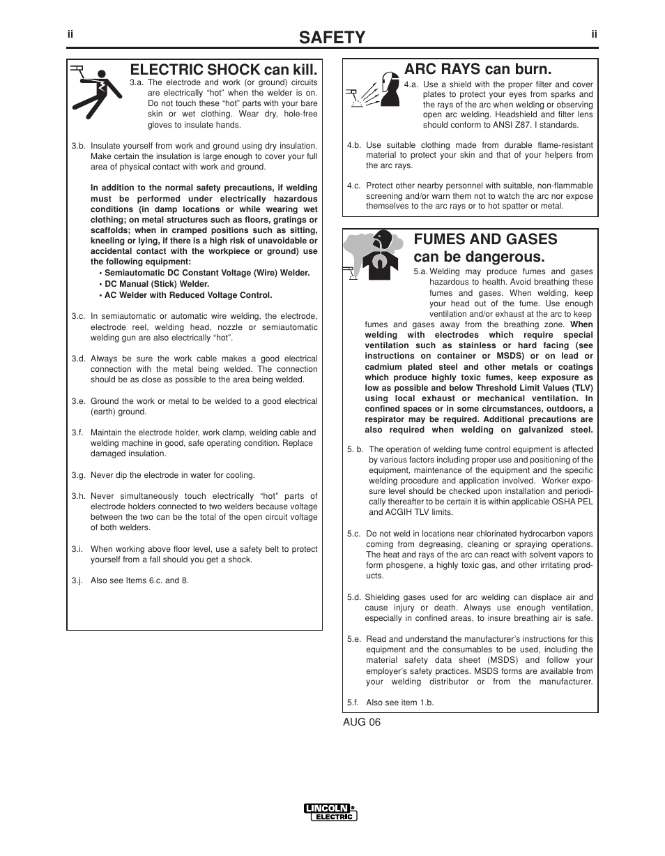 Safety, Arc rays can burn, Electric shock can kill | Fumes and gases can be dangerous | Lincoln Electric PRECISION TIG IM936 User Manual | Page 3 / 44