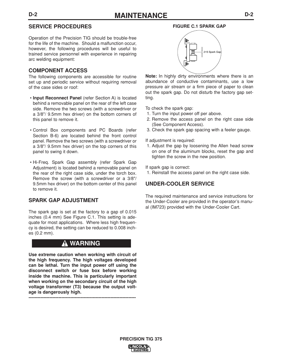 Maintenance, Warning | Lincoln Electric PRECISION TIG IM936 User Manual | Page 31 / 44