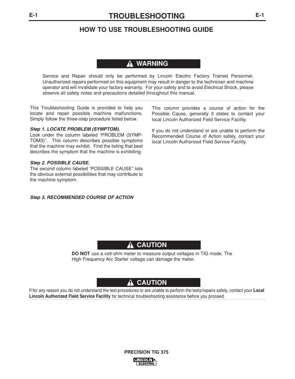 Troubleshooting, Caution, How to use troubleshooting guide | Warning | Lincoln Electric PRECISION TIG IM936 User Manual | Page 32 / 44