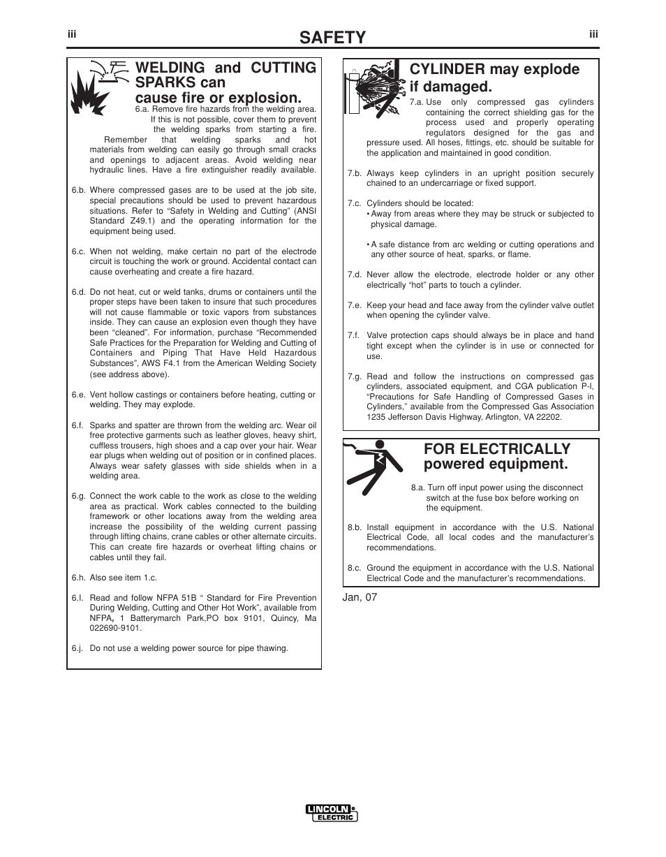 Safety, For electrically powered equipment, Cylinder may explode if damaged | Lincoln Electric PRECISION TIG IM936 User Manual | Page 4 / 44