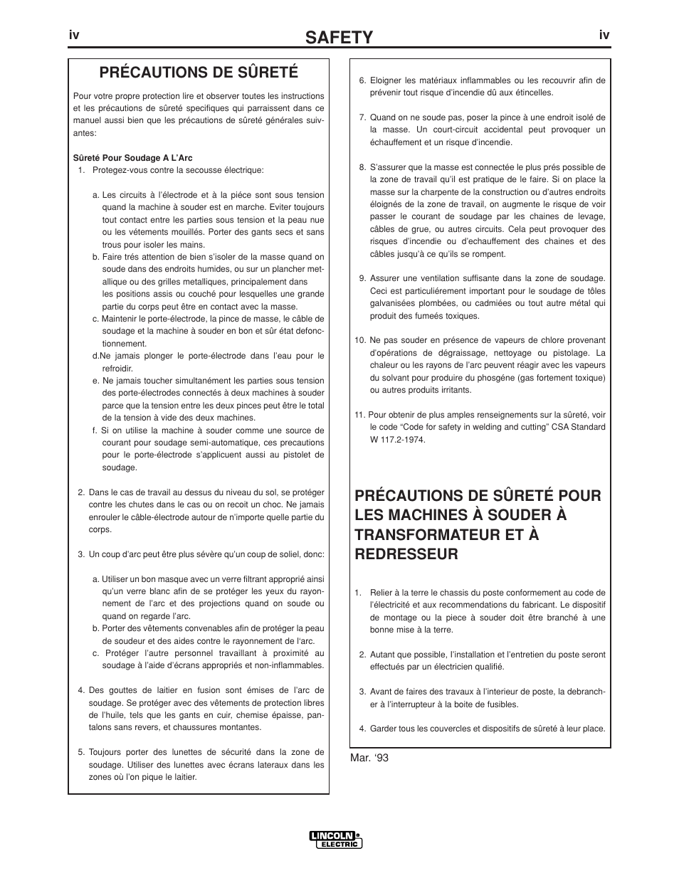 Safety, Précautions de sûreté | Lincoln Electric PRECISION TIG IM936 User Manual | Page 5 / 44