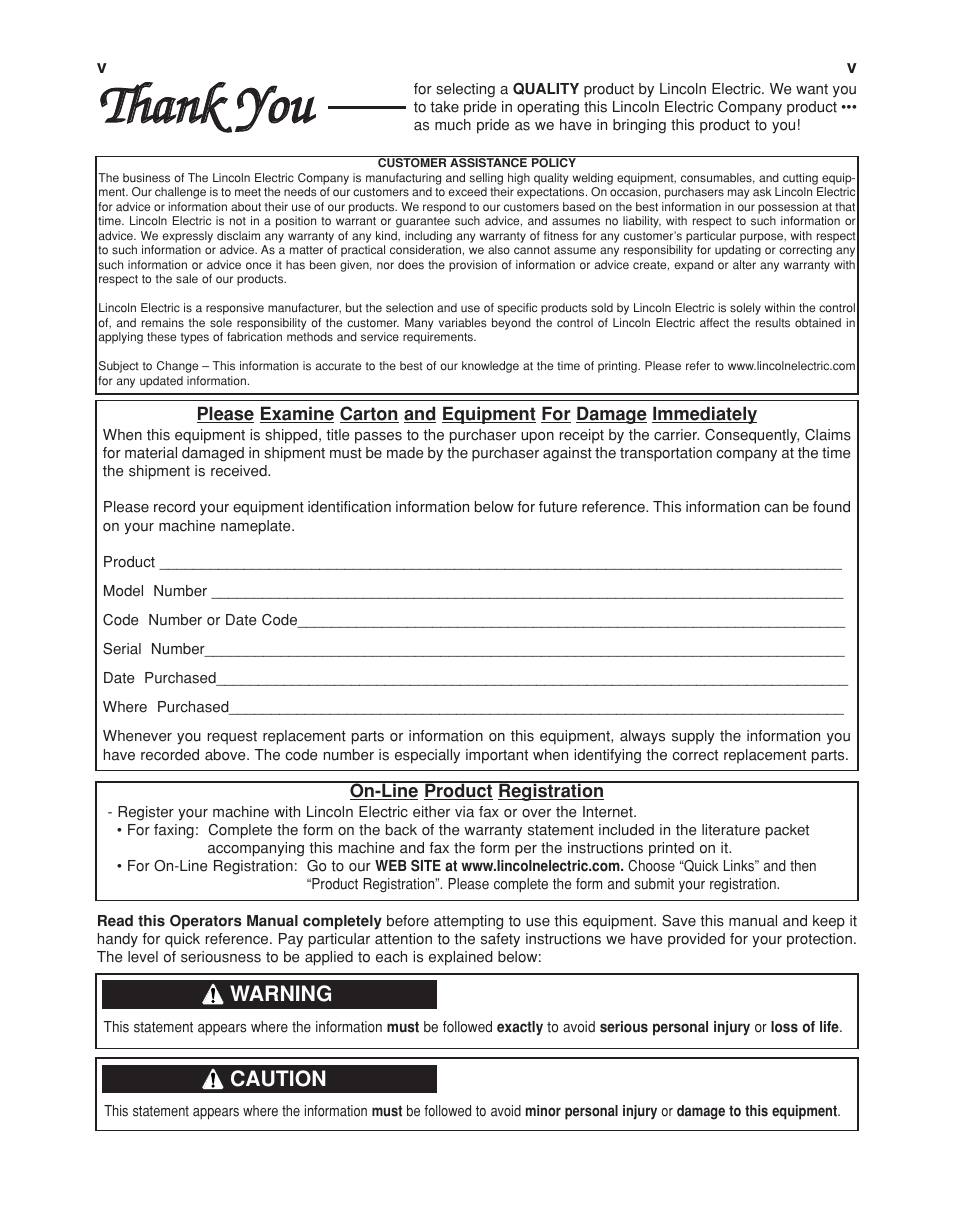 Tthhaannkk y yoouu, Warning, Caution | Lincoln Electric PRECISION TIG IM936 User Manual | Page 6 / 44