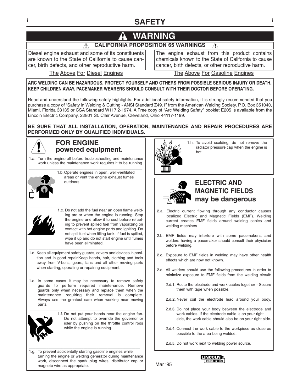 Warning, Safety, For engine powered equipment | Electric and magnetic fields may be dangerous | Lincoln Electric MAGNUM IM887 User Manual | Page 2 / 20