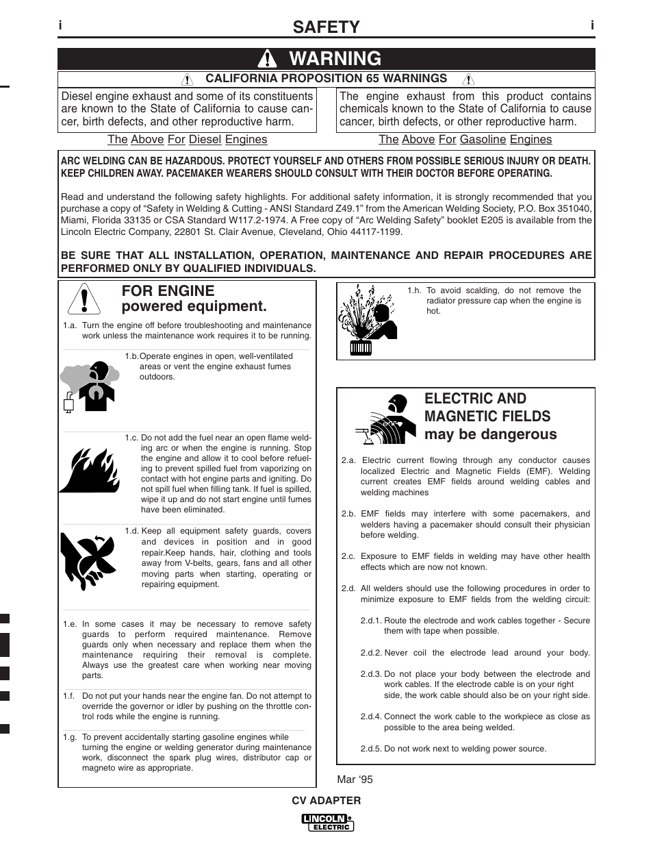 Warning, Safety, For engine powered equipment | Electric and magnetic fields may be dangerous | Lincoln Electric CV ADAPTER IM309-D User Manual | Page 2 / 46