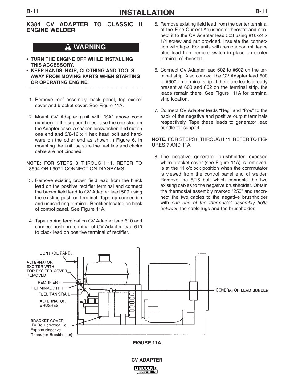 Installation, Warning | Lincoln Electric CV ADAPTER IM309-D User Manual | Page 20 / 46