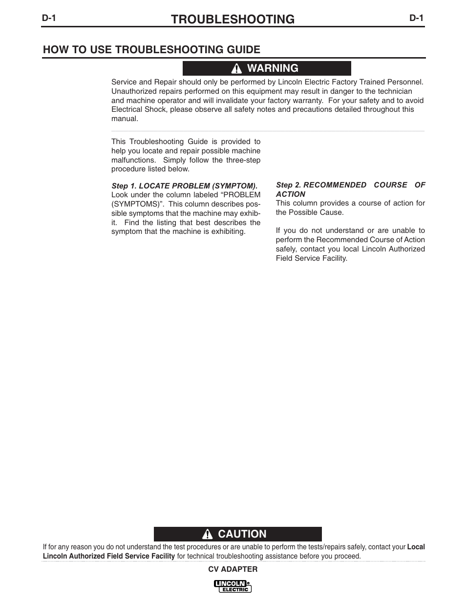 Troubleshooting, Caution, How to use troubleshooting guide | Warning | Lincoln Electric CV ADAPTER IM309-D User Manual | Page 27 / 46