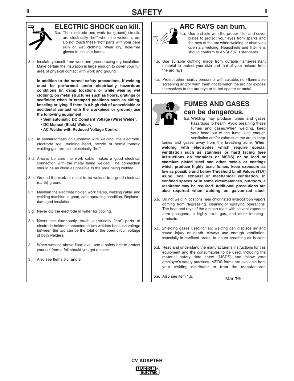 Safety, Arc rays can burn, Electric shock can kill | Fumes and gases can be dangerous | Lincoln Electric CV ADAPTER IM309-D User Manual | Page 3 / 46