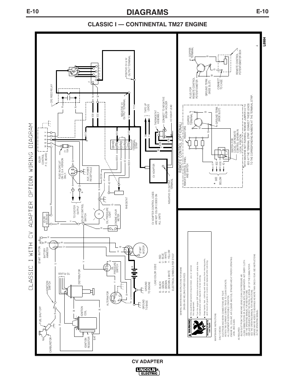 Diagrams, E-10, Classic i — continental tm27 engine | Cv adapter | Lincoln Electric CV ADAPTER IM309-D User Manual | Page 39 / 46