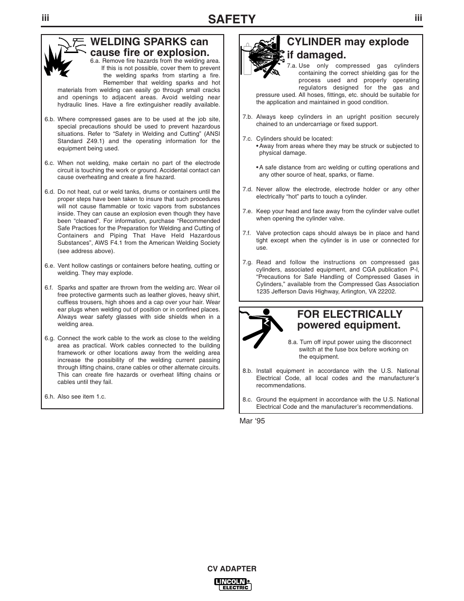 Safety, For electrically powered equipment, Cylinder may explode if damaged | Welding sparks can cause fire or explosion | Lincoln Electric CV ADAPTER IM309-D User Manual | Page 4 / 46
