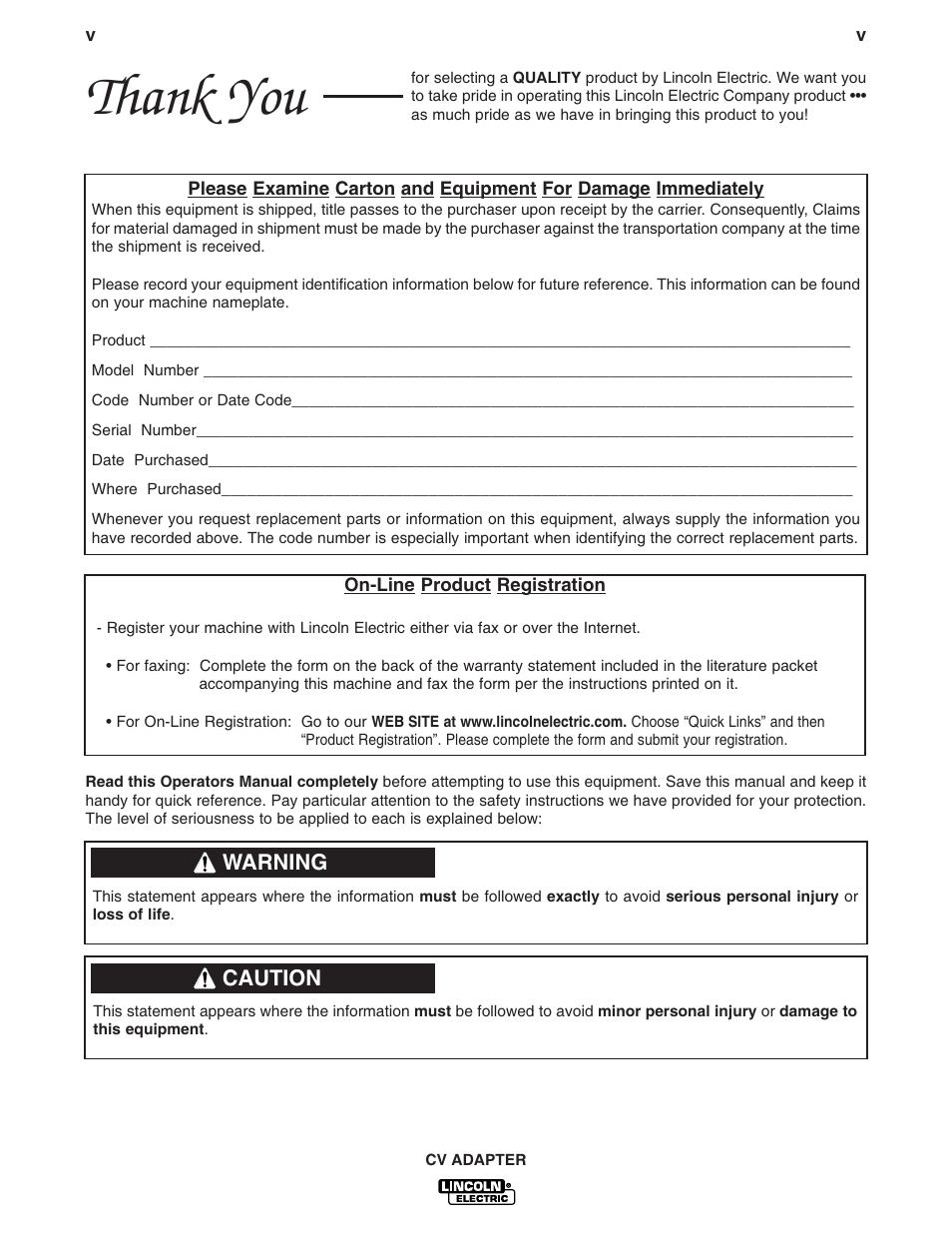 Warning, Caution | Lincoln Electric CV ADAPTER IM309-D User Manual | Page 6 / 46