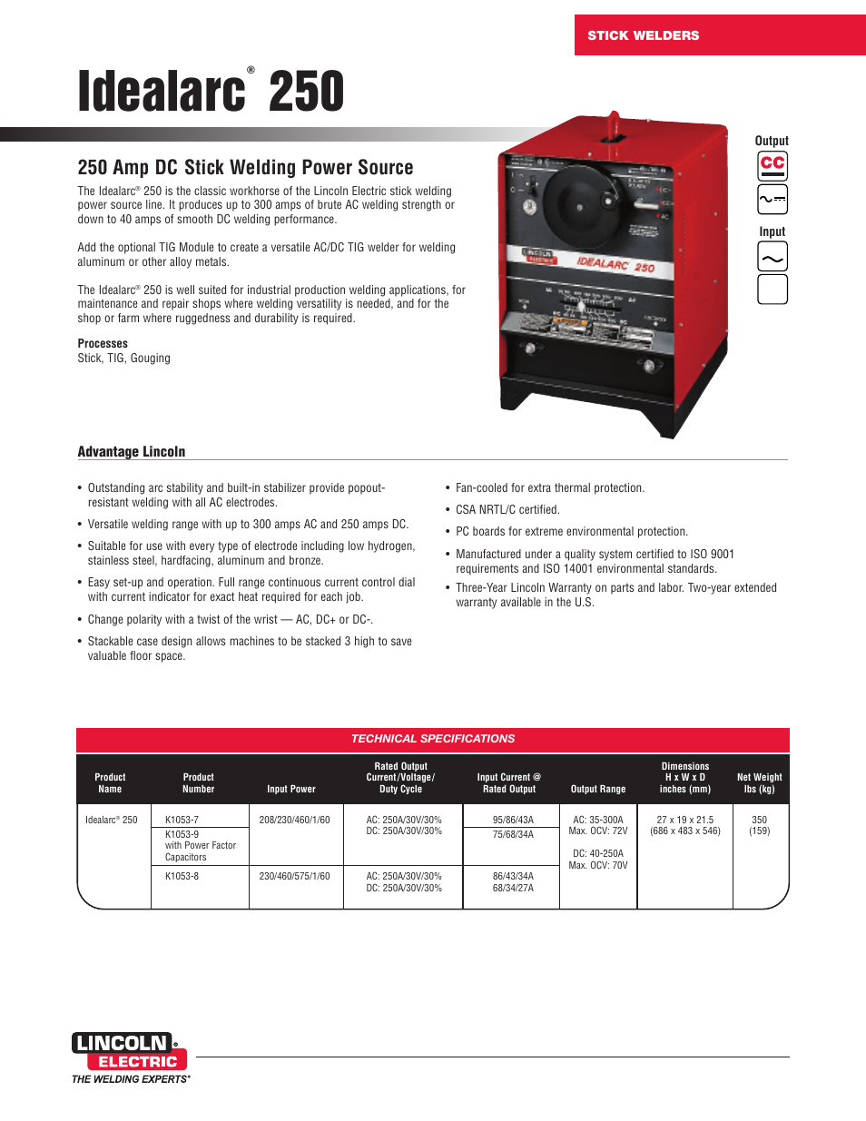 Lincoln Electric Idealarc 250 User Manual | 2 pages