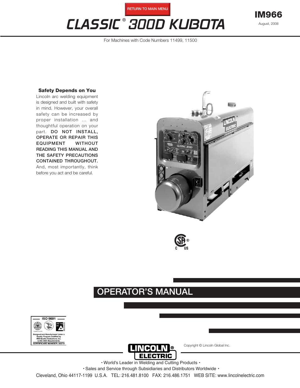 Lincoln Electric CLASSIC 300 D User Manual | 36 pages