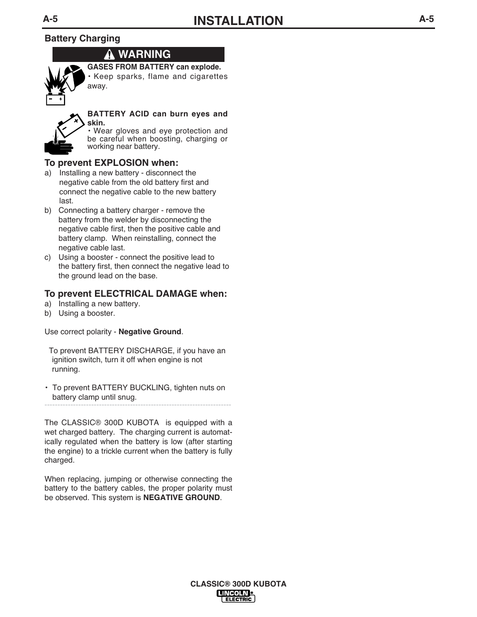 Installation, Warning | Lincoln Electric CLASSIC 300 D User Manual | Page 12 / 36