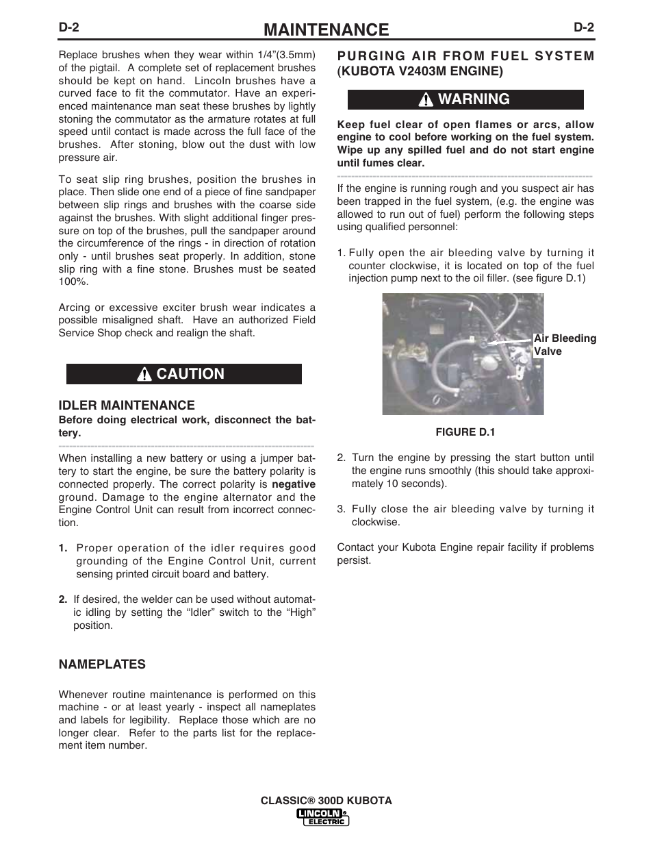 Maintenance, Caution warning | Lincoln Electric CLASSIC 300 D User Manual | Page 19 / 36