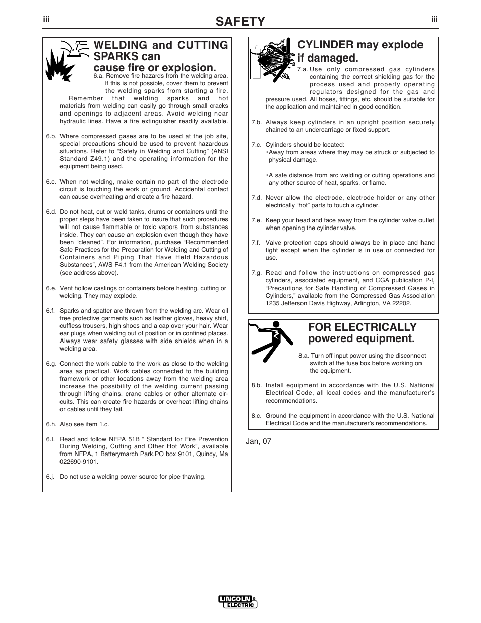 Safety, For electrically powered equipment, Cylinder may explode if damaged | Lincoln Electric CLASSIC 300 D User Manual | Page 4 / 36