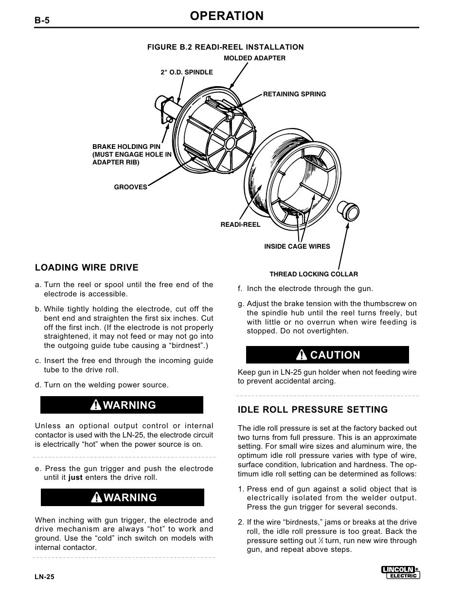 Operation, Warning, Warning caution | Lincoln Electric IM359-G User Manual | Page 16 / 34