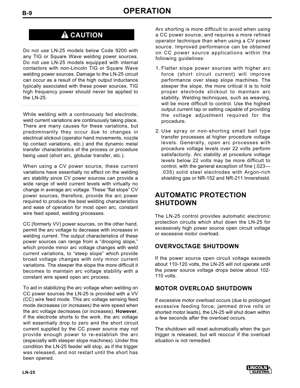 Operation, Caution automatic protection shutdown | Lincoln Electric IM359-G User Manual | Page 20 / 34