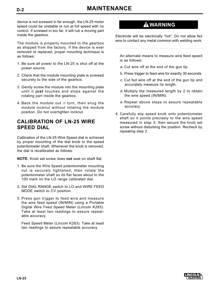 Maintenance, Calibration of ln-25 wire speed dial, Warning | Lincoln Electric IM359-G User Manual | Page 28 / 34