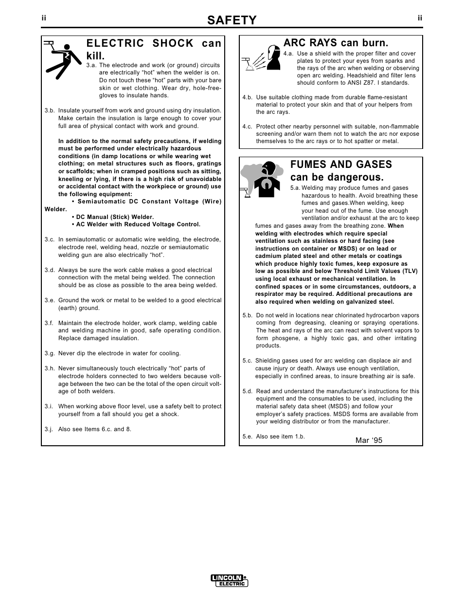 Safety, Arc rays can burn, Electric shock can kill | Fumes and gases can be dangerous | Lincoln Electric IM359-G User Manual | Page 3 / 34