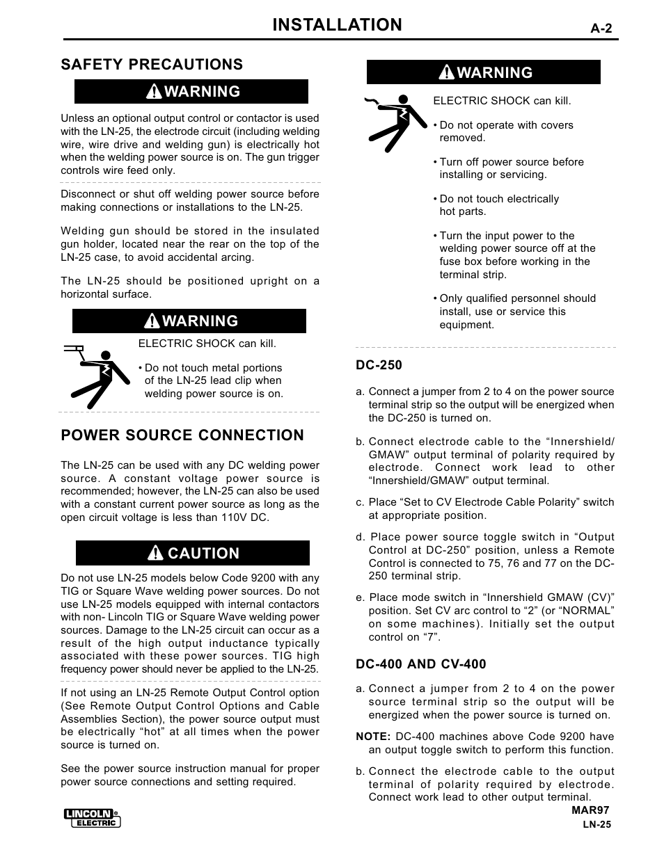 Installation, Safety precautions, Power source connection | Warning, Warning caution | Lincoln Electric IM359-G User Manual | Page 9 / 34